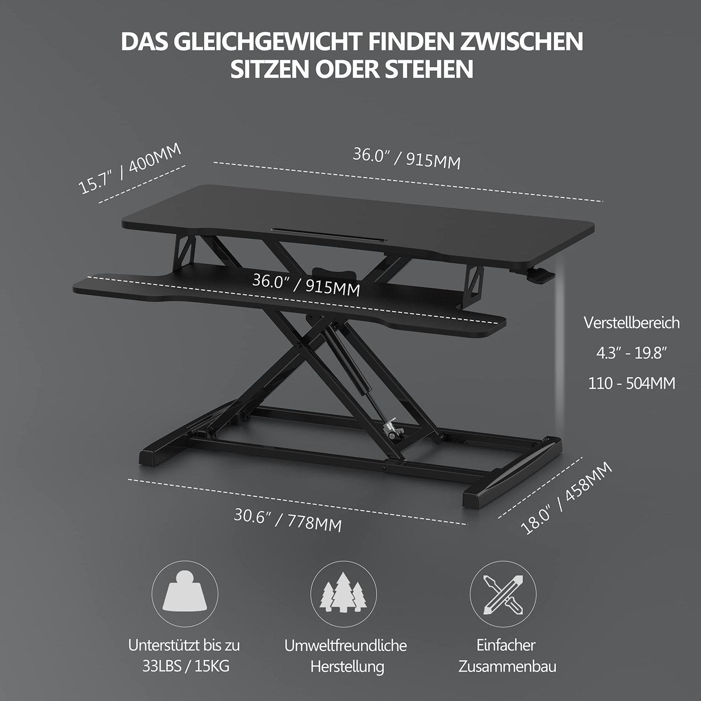 FITUEYES Adjustable Height Desk Riser Office Sit Stand Computer Desk 92 x 40 cm Standing Desk with Keyboard Tray Suitable for Two Monitors Black, SD309101WB