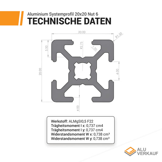 Aluminum Sales Aluminum Profile 20x20mm Slot 6-1x Aluminum Profile 1000mm - Dimensions & quantities selectable - T-slot rail - Aluminum profile system for professionals and hobbyists