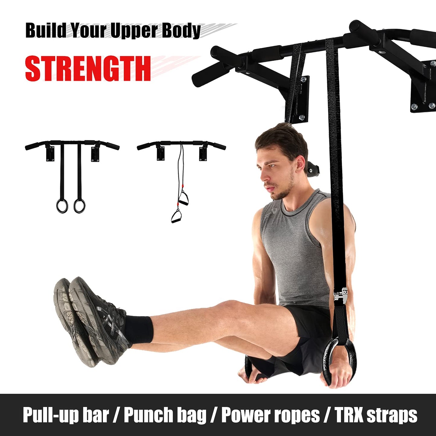 ISE Multifunction Fitness Pull-Up Bar for wall mounting, pull-up bar up to 200kg with non-slip grips, numerous pull-up exercises, wall bracket & 8 heavy-duty plugs for installation SY-165