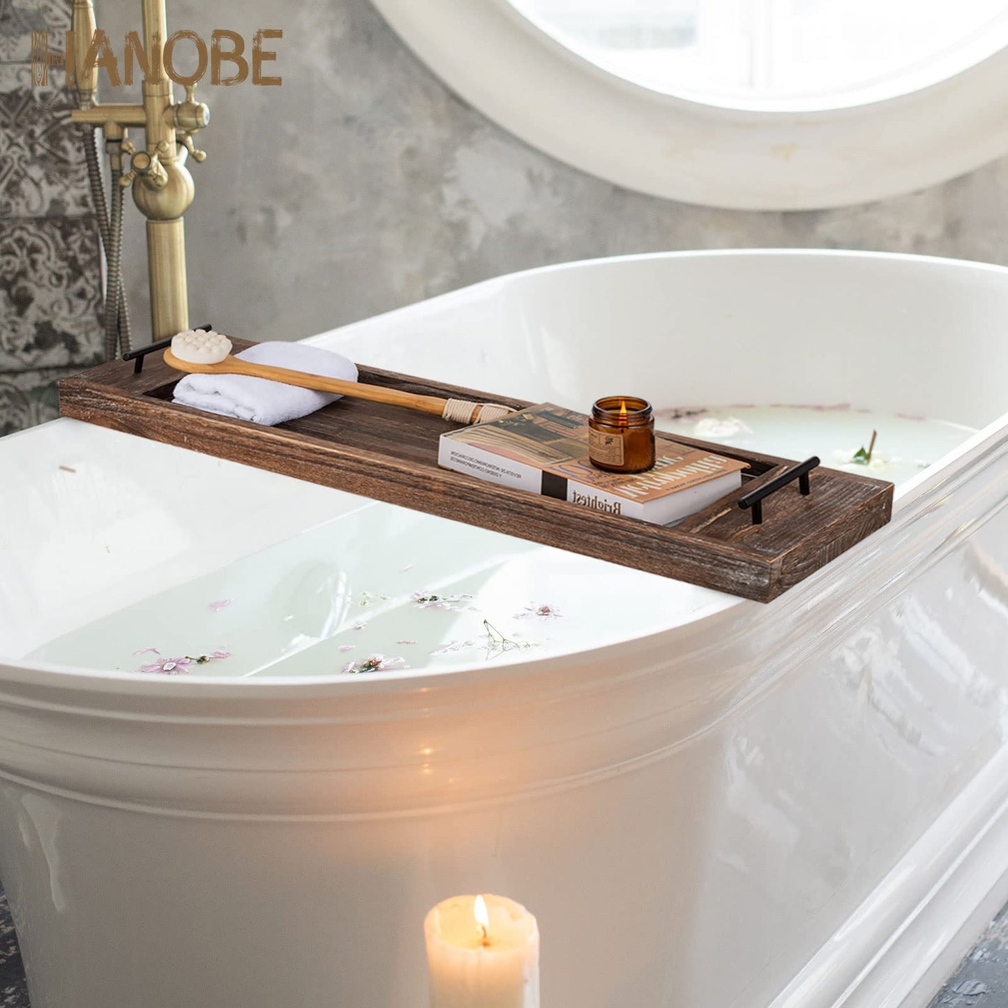 Hanobe Bathtub Tray Wooden Large: Rustic Bath Caddy Rectangular Extra Large Wood Tray Decor Bath Sofa Accessory Tray with Handle Bathtub Shelf for Tub 80cm.