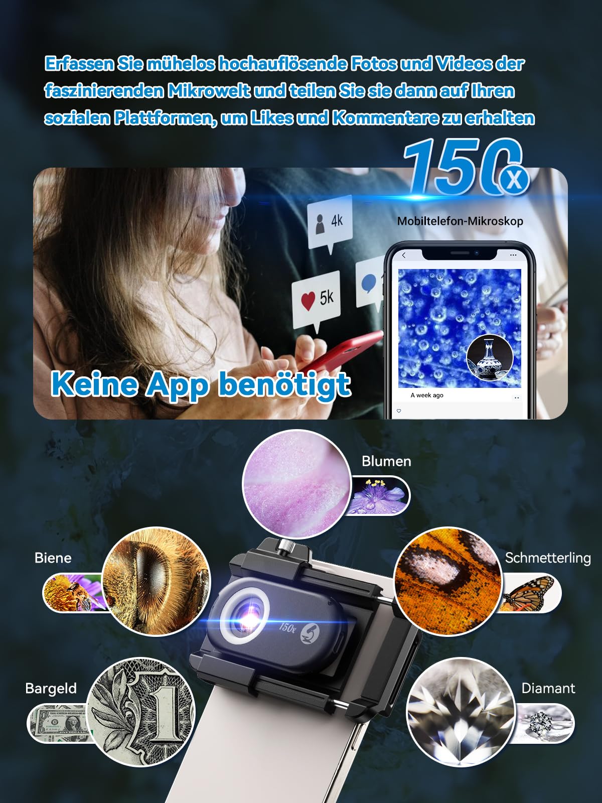 Apexel 150X mini microscope for smartphone camera, handy microscope for smartphone, explore Micworld with smartphone microscope.