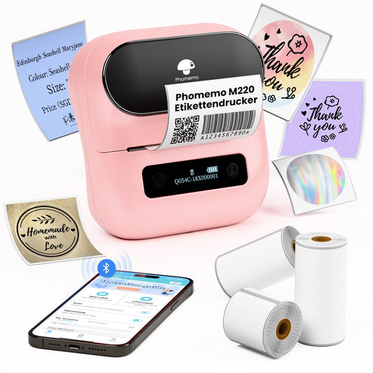 Phomemo M220 Label Printer Self-Adhesive Labeling Machine Thermal Printer Bluetooth Portable Labeler for Addresses, Mailing, Small Businesses, compatible with Phone and PC with 3 Rolls, Pink