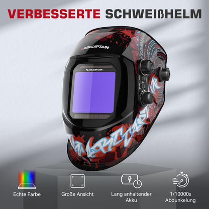 ARCCAPTAIN automatic welding helmet with Real Colour technology features an extra large viewing area of 10x9cm, wide shade range of 4/9-13 for ARC, TIG, MIG welding processes.