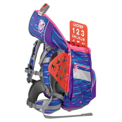 Step by Step School Bag Set 2IN1 Plus Reflect "Shiny Dolphins" 6-piece, purple-blue, dolphin design, ergonomic backpack with reflectors, adjustable height with hip belt for 1st grade girls, 19L.