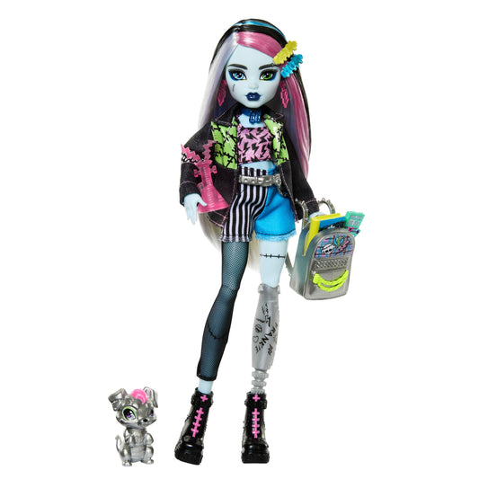 Monster High Frankie Stein doll in denim jacket and shorts, includes her dog Watzie and accessories like a backpack, snack, and notebook. HXH73.
