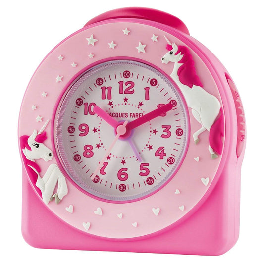 JACQUES FAREL children's alarm clock learning clock girls 3D unicorn pink rose analog quartz without ticking with light and snooze alarm ACW 50