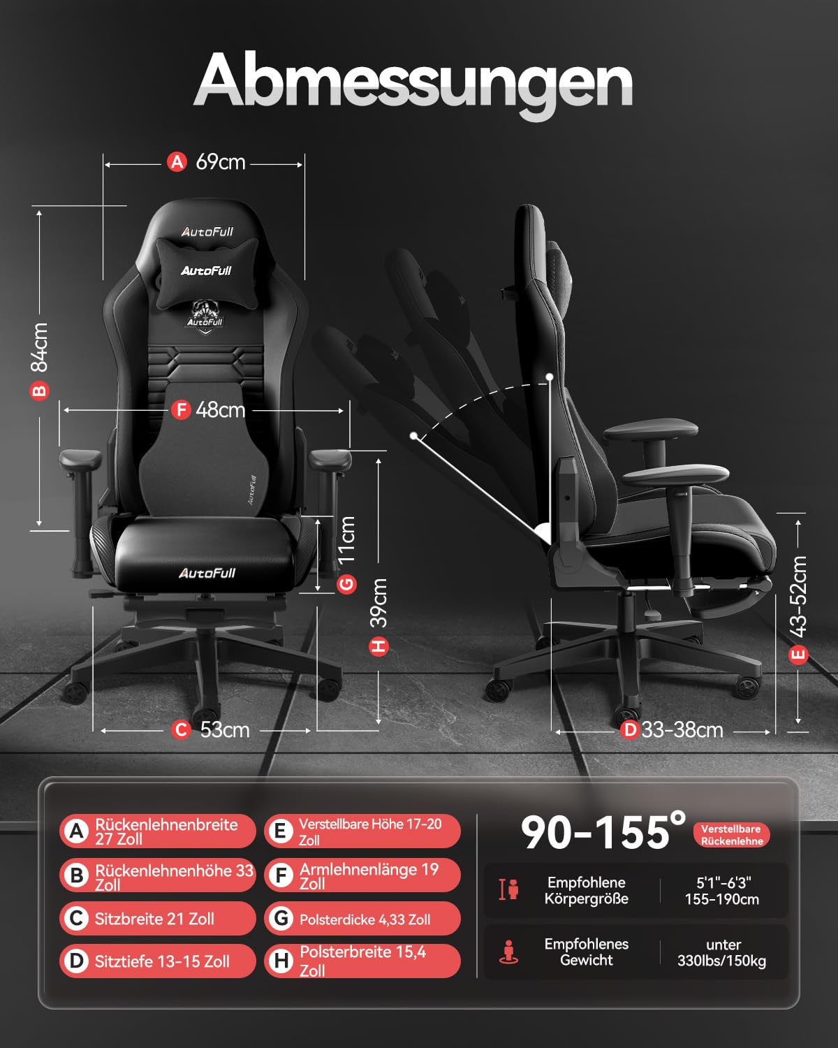 AutoFull C3 Gaming Chair, Ergonomic Gaming Chair with Lumbar Support, Height Adjustable & Tilt Function, Gaming Chairs with Footrest, 150 kg Capacity, Racing Seat Design PU Leather (Black)