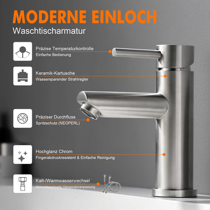 Ibergrif bathroom faucet, stainless steel single lever mixer tap for hot and cold water, drip-free and water-saving, 98mm spout height, grey bathroom fixture M11103.