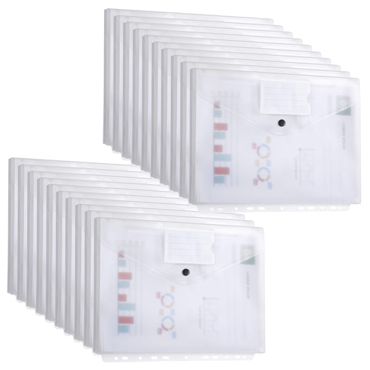 DATEFUN Document Pouch A4 20 Pack, Three-dimensional Document Folder A4, Transparent File Folder A4 with Binder Holes and Label Pocket, Holds 300 Papers (White)