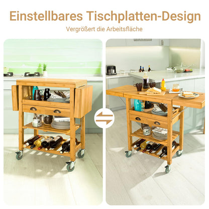 SoBuy bamboo kitchen trolley with wheels - kitchen cart with worktop, wooden side table with foldable shelf, kitchen trolley - ideal as a kitchen island in industrial design 135x92x37cm FKW25-N.