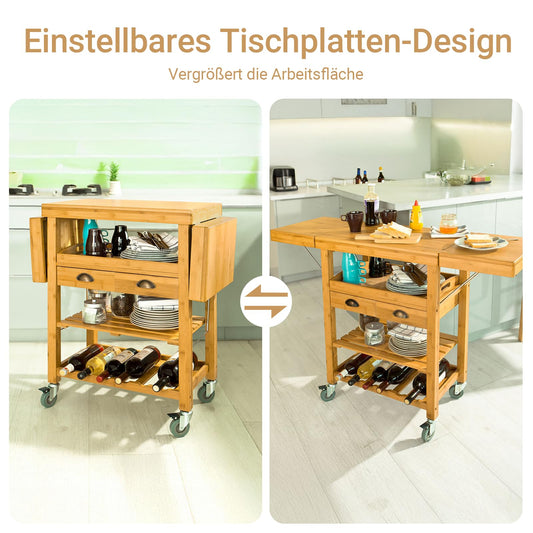 SoBuy bamboo kitchen trolley with wheels - kitchen cart with worktop, wooden side table with foldable shelf, kitchen trolley - ideal as a kitchen island in industrial design 135x92x37cm FKW25-N.
