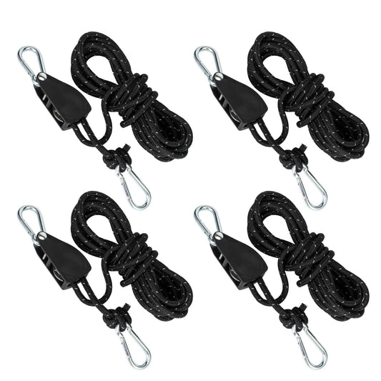 Pulley system with rope tensioner, rope ratchet with 5m rope, pulley with tent tensioner, guy ropes with rope brake. Suitable for camping, sunshades, tents. 4 pieces.