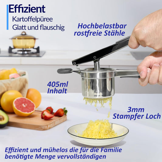 Potato masher, spaghetti ice cream maker, 405ML heavy-duty stainless steel potato press makes fluffy mashed potatoes, strong ricer disc without mess, with comfortable silicone handle, dishwasher safe.
