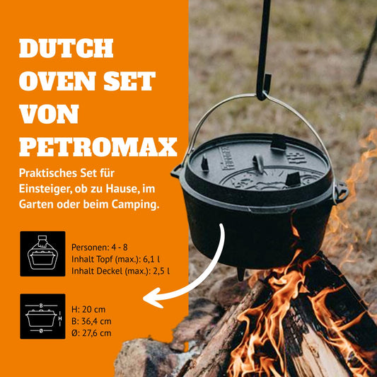 Petromax Fire Pot ft9 Starter Set - Dutch Oven with legs including storage bag, lid lifter, maintenance paste, and scraper - for all types of grilling and open fire - 7.5 liters.