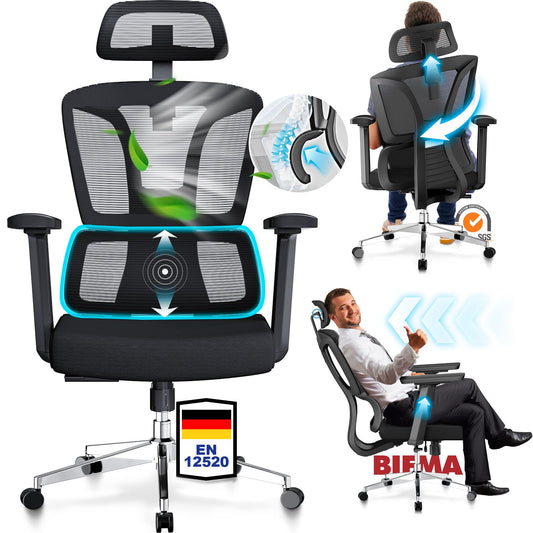 MELOKEA Office Chair for Tall People, Ergonomic Desk Chair, 3-Stage Tilt, Dynamic Lumbar Support, Adjustable Armrests & Headrest, Office Chairs for Back Pain Relief, ReliefBack