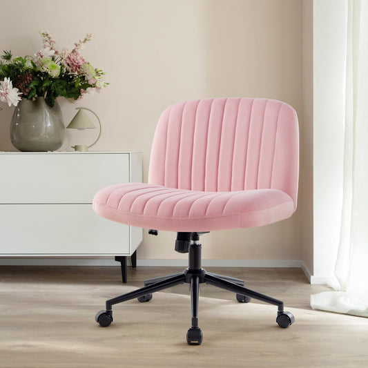 IWMH office chair without armrests, height adjustable swivel chair with wheels, desk chair with fabric upholstery, reading chair with wider cushion for sitting cross-legged (Pink with wheels).