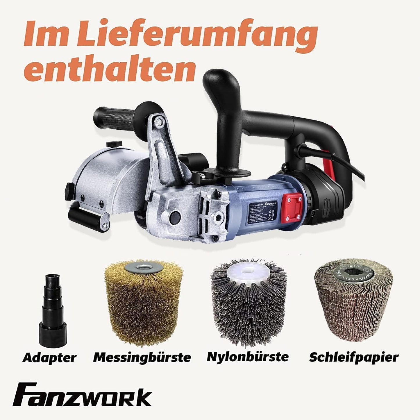 FANZWORK V2 1500 Watt Satiniermaschine for renovating all kinds of surfaces, with dust extraction connection, speed control, ball handle, steel wire & nylon & sandpaper brush.