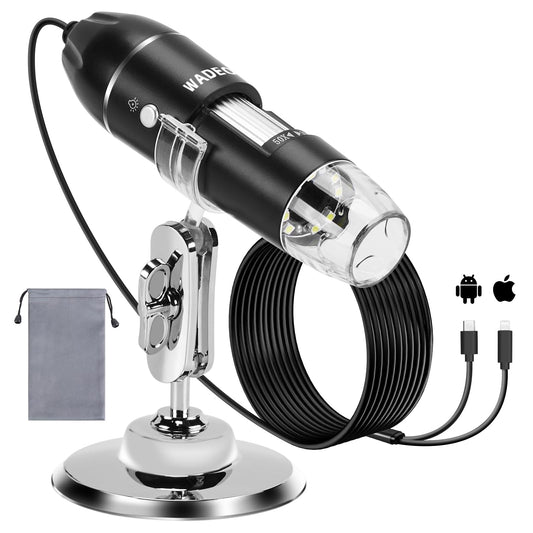 WADEO Digital Microscope, USB microscope 1440P HD with 50X-1600X magnification, Portable Inspection Camera WiFi-free, Wired Hand Microscope with 8 LED and Stand, compatible with iOS, Android, and tablets.