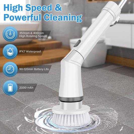 Electric cleaning brush, Electric Spin Scrubber Cordless with 6 interchangeable drill brush heads and adjustable handle, shower cleaning brush tub floor tile mop set for bathroom tile floor car.