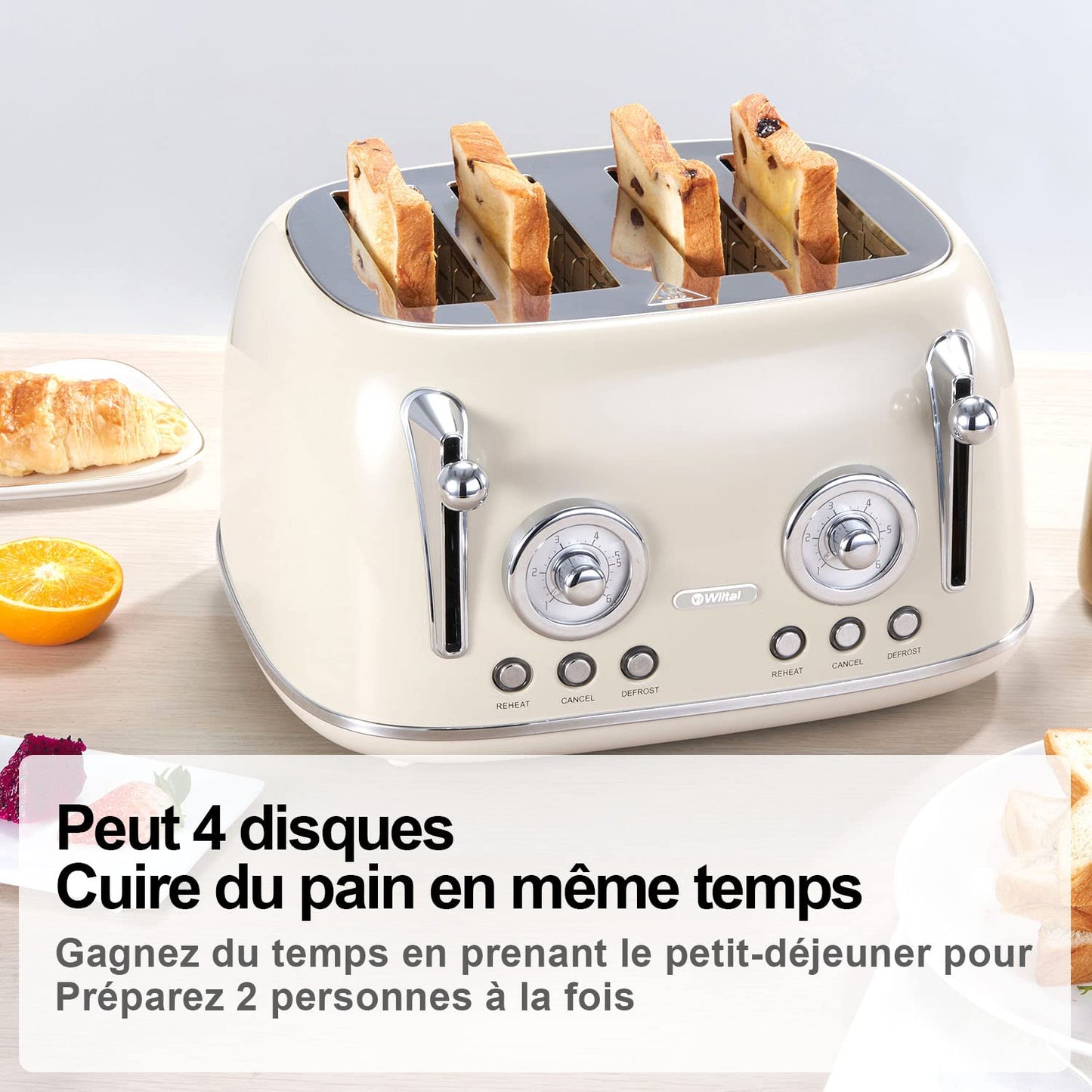 Wiltal 4-Slice Toaster, Long Slot Toaster, Stainless Steel Housing, with Built-in Bun Warmer, With Cover, Browning Control 1-6, Defrost Function, Crumb Tray, Retro Toaster, Cream White.