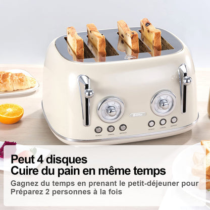 Wiltal 4-Slice Toaster, Long Slot Toaster, Stainless Steel Housing, with Built-in Bun Warmer, With Cover, Browning Control 1-6, Defrost Function, Crumb Tray, Retro Toaster, Cream White.