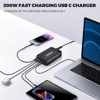USB C Charger Multiple, 200W 6-Port GaN USB Fast Charger, PD USB C Power Adapter, QC Charger for MacBook Pro, iPad Pro, iPhone/Galaxy, Tablets, Mobile Phones Power Adapter Plug Charging Plug