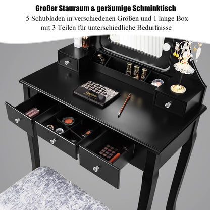 GOPLUS Vanity Table with Mirror and 10 LED Bulbs, Makeup Table with 5 Drawers and Organizer, Wooden Dressing Table, for Bedroom (Black)