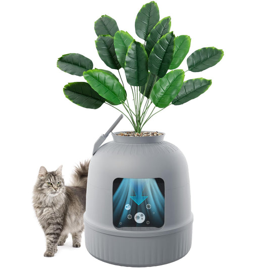 Lifewit Cat litter box with artificial plant and scoop for large cats, hidden cat litter box with odor control & charcoal filter in living room/bedroom/bathroom, Gray