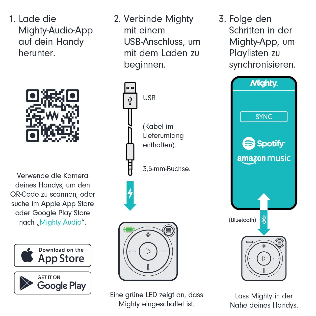 Mighty 3 Spotify & Amazon Music Player - Compatible with Bluetooth & wired headphones - Storage for over 1,000 songs - Screen-free music player - No phone required (Blue)