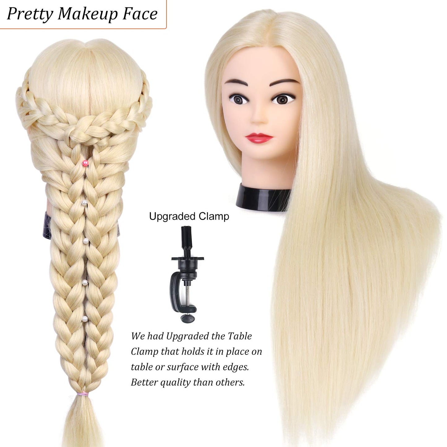 TwoWin Training Heads 80% Real Hair Blonde Cosmetology Doll Head Hairdresser Training Model Mannequin Head with Stand, DIY Hair Accessories Styling, Suitable for Straightening, Curling, Perming.