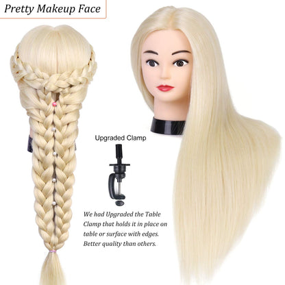 TwoWin Training Heads 80% Real Hair Blonde Cosmetology Doll Head Hairdresser Training Model Mannequin Head with Stand, DIY Hair Accessories Styling, Suitable for Straightening, Curling, Perming.