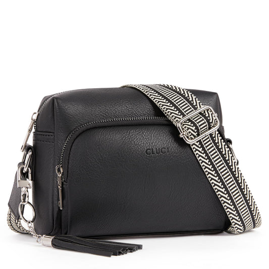 CLUCI Women's Crossbody Bag with Wide Strap, PU Leather Shoulder Bag with Fringe, Adjustable Shoulder Strap, Small Handbag in Black