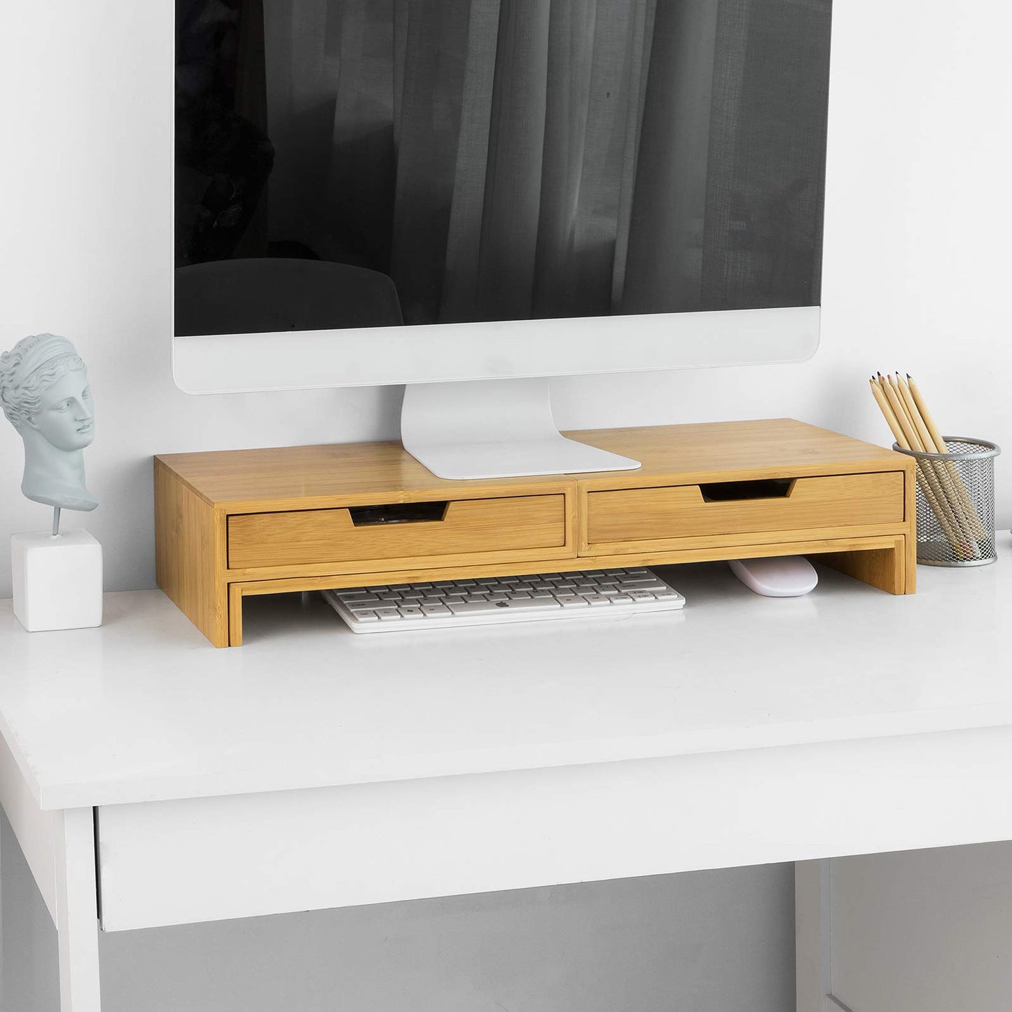 SoBuy BBF04-N Design Monitor Stand for 2 Monitors, Screen Stand Notebook Stand Desk Attachment with 2 Drawers, Width Adjustable Bamboo, Dimensions: 60-108x11x22cm