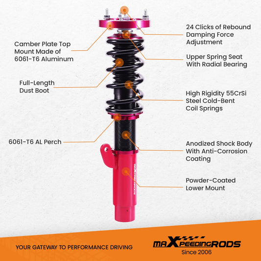 maXpeedingrods suspension coilover for E46 3 Series 98-06 adjustable hardness 320d, 330d Red.