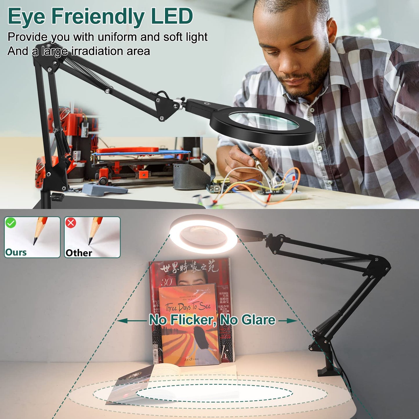 SAVSOO 20 Diopter Magnifying Glass with Light and Stand, Touch Control, 2-in-1 LED Magnifier Lamp, Desk Lamp with Large Base and Clamp, 3 Color Modes Dimmable, Magnifying Lamp for Hobbies Crafting, Black