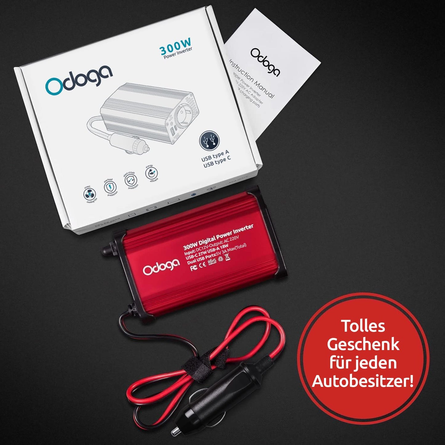 Odoga inverter 12V to 230V - 300W power converter with 3A USB-C and USB-A ports, inverter 12V 220V for car socket, charge your laptop, iPad, iPhone, tablet, and more.
