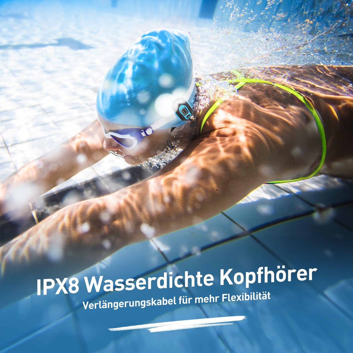AGPTEK IPX8 Waterproof MP3 Player, 8GB HiFi MP3 Music Player for Swimming and Running, with waterproof headphones, audio cable, and 3 pairs of ear tips (L/M/S), supports FM, shuffle function, Blue.