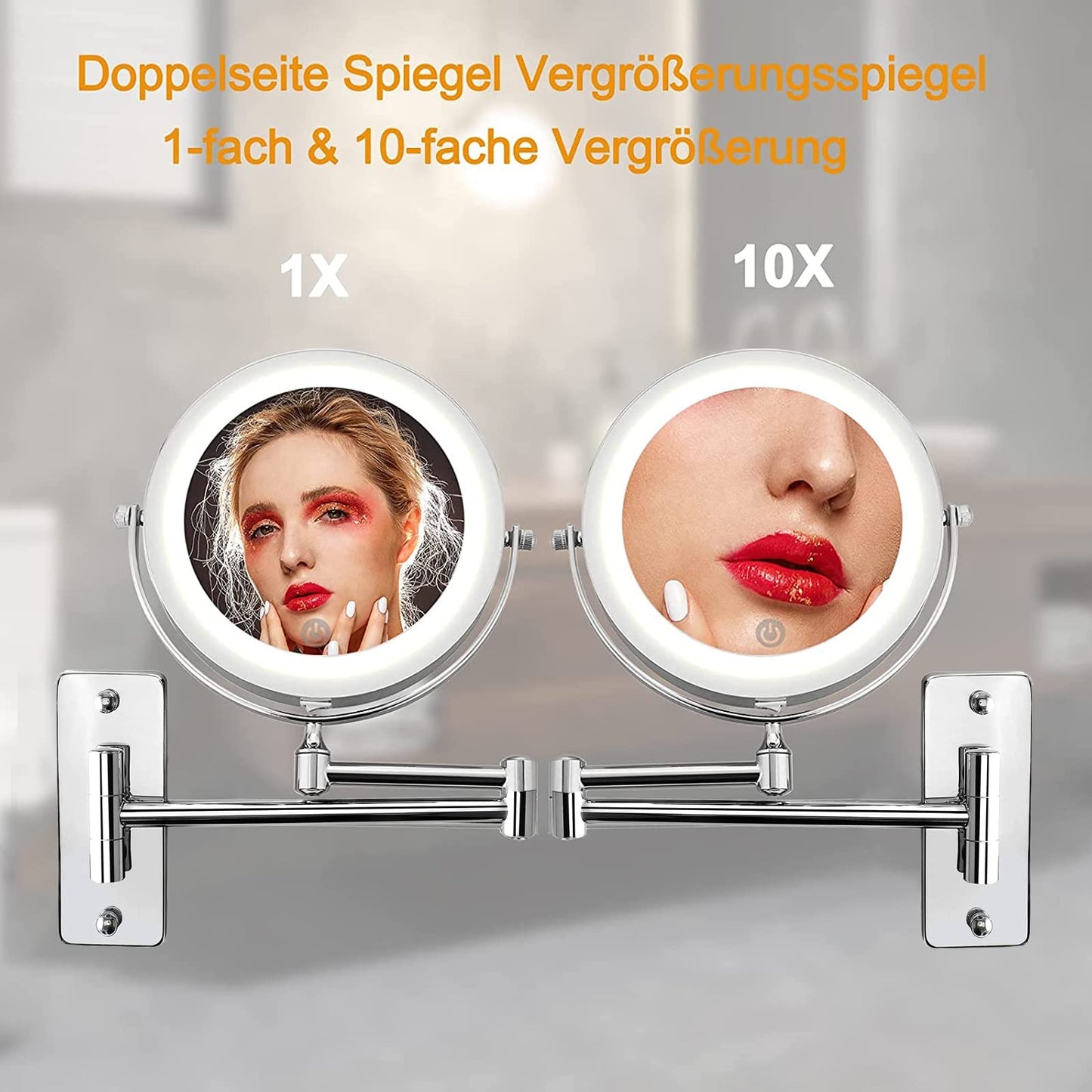 AUPERTO LED Lighted Makeup Mirror - Wall-mounted makeup mirror with 1x/10x magnification, touch button adjustable light, 360° swivel wall mount, and USB rechargeable for bathroom.
