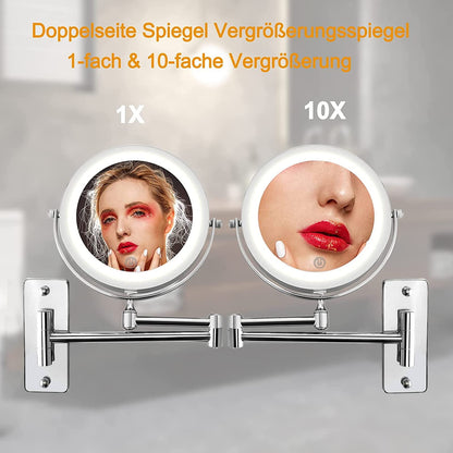 AUPERTO LED Lighted Makeup Mirror - Wall-mounted makeup mirror with 1x/10x magnification, touch button adjustable light, 360° swivel wall mount, and USB rechargeable for bathroom.
