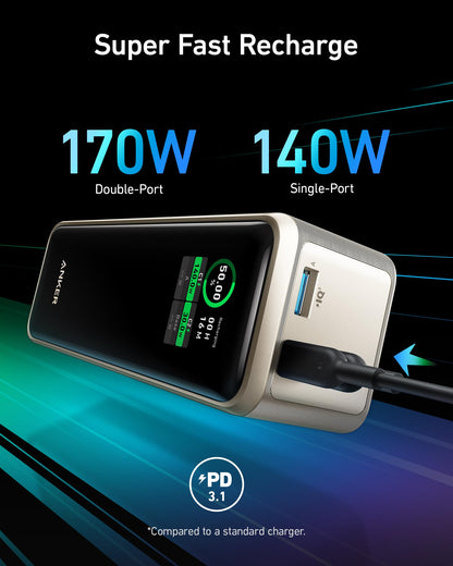 Anchor Prime Powerbank, 27.650mAh (250W) 3-Port Powerbank, With App, Compatible with MacBook Pro/Air, iPhone 15/14 Series, Galaxy, Dell, AirPods, and more (charging dock sold separately) (Gold)