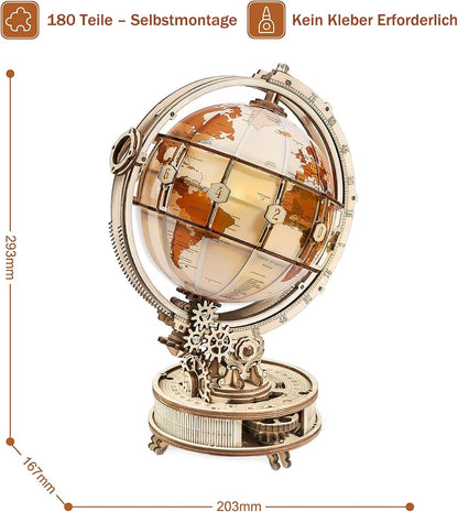3D wooden puzzle for adults, wooden model light-up globe model kit with LED light. Rotating luminous globe wooden construction set as decoration, gift (180 pieces)