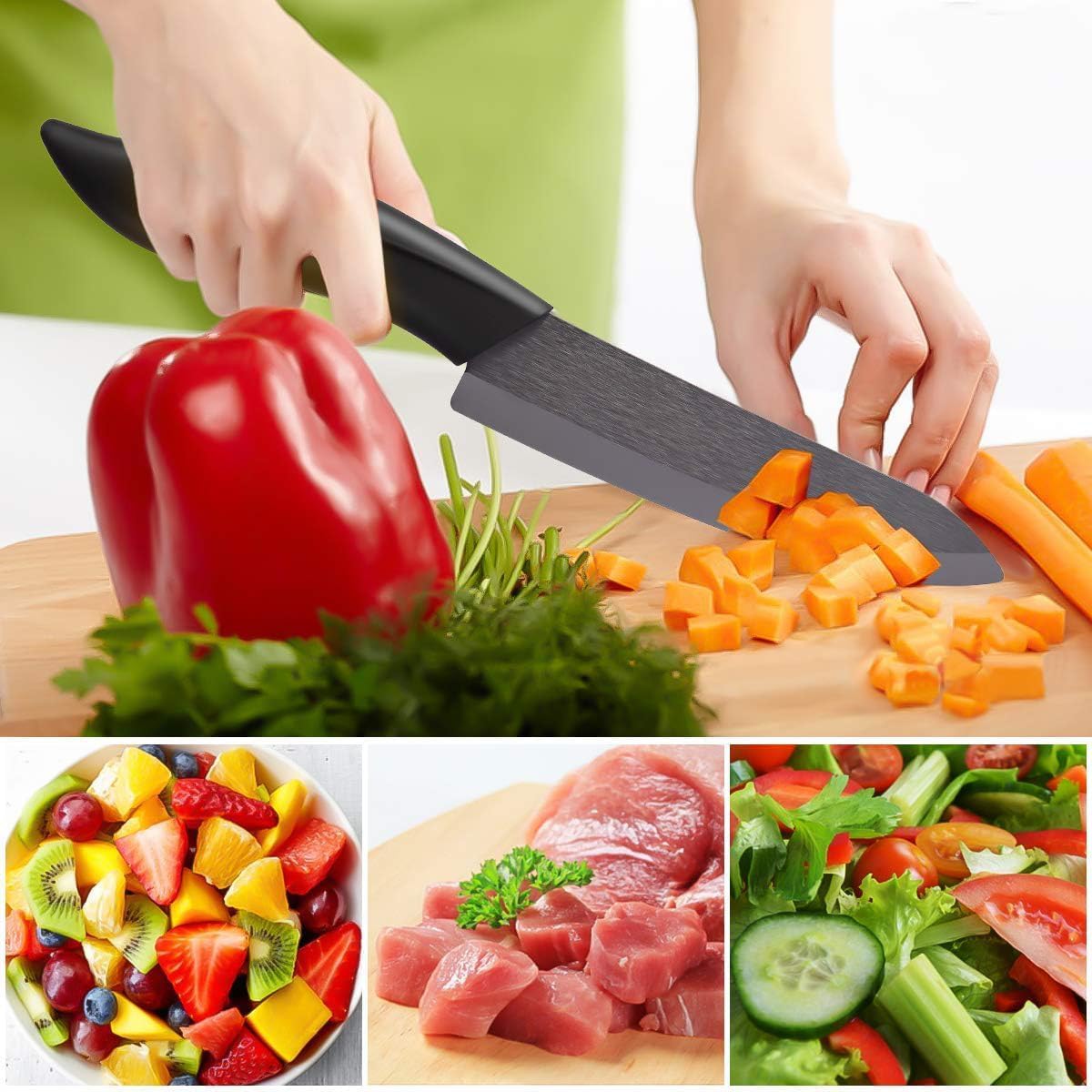 Ceramic Knife Set 4 - Very sharp vegetable knife Good handling small kitchen knife, Contains a 7.6cm paring knife, a 10cm fruit knife, a 12.7cm utility knife, a 15.2cm chef's knife (Black)
