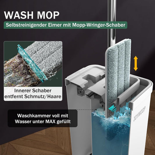 JOYMOOP Mop and Bucket with Wringer Set for Home, Flat Mop and Bucket System, Mops for Floor and Wall Cleaning, with 3 reusable microfiber mop pads.