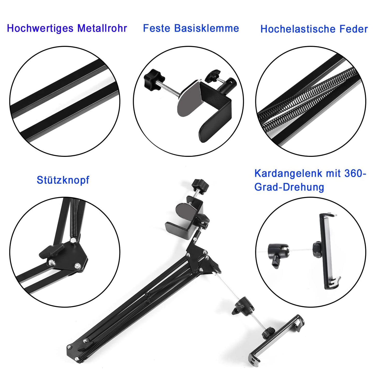 Tablet stand for bed holder - stand holder 360 degree rotatable with stable aluminum arm for iPad, tablets, phones or other devices with 4.5 to 12.9 inch screen.