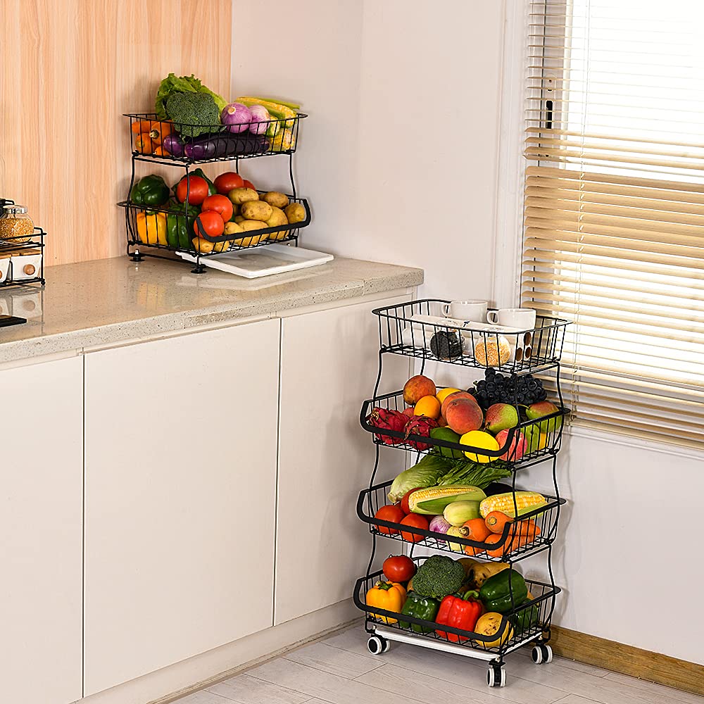 Miyawell fruit basket stand 4 tier fruit stand metal vegetable basket removable fruit holder kitchen storage basket with wheels suction cups, countertop decorative bowls 4 tiered fruit bowl