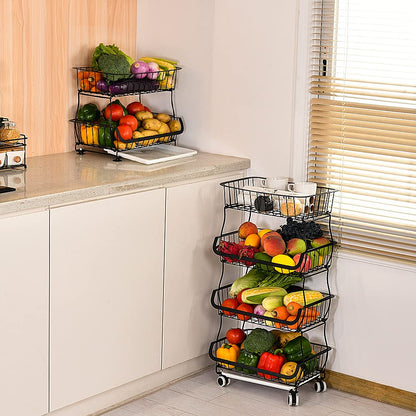 Miyawell fruit basket stand 4 tier fruit stand metal vegetable basket removable fruit holder kitchen storage basket with wheels suction cups, countertop decorative bowls 4 tiered fruit bowl