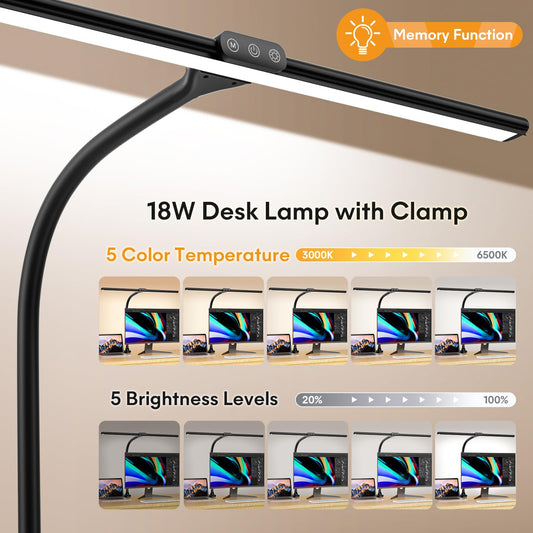 Hokone desk lamps for Home Office, 31.5" wide architect desk lamp with clamp, tall office lamp dimmable, black task light with timer, bright gooseneck lamp for workbench.