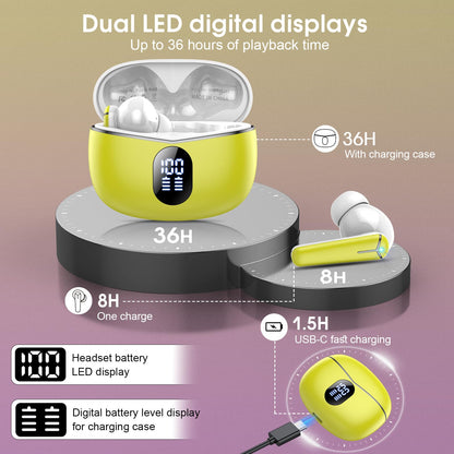 AI headphone translator, 3-in-1 language translator headphones 144 languages with app, 48H Bluetooth 5.4 translator headphones, 4 translation modes real-time translator earbuds LED display for learning, yellow