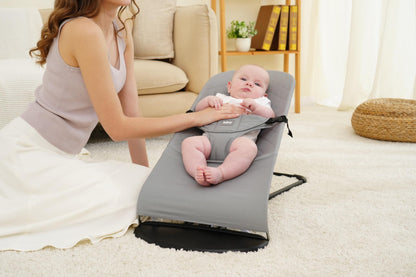 Reference to baby bouncer. Reference to Belltop compatible with BabyBjörn bouncer: Balance, Soft, and Bliss. Seat for baby bouncer. Hypoallergenic cotton padding. Ergonomic fit. (Gray)