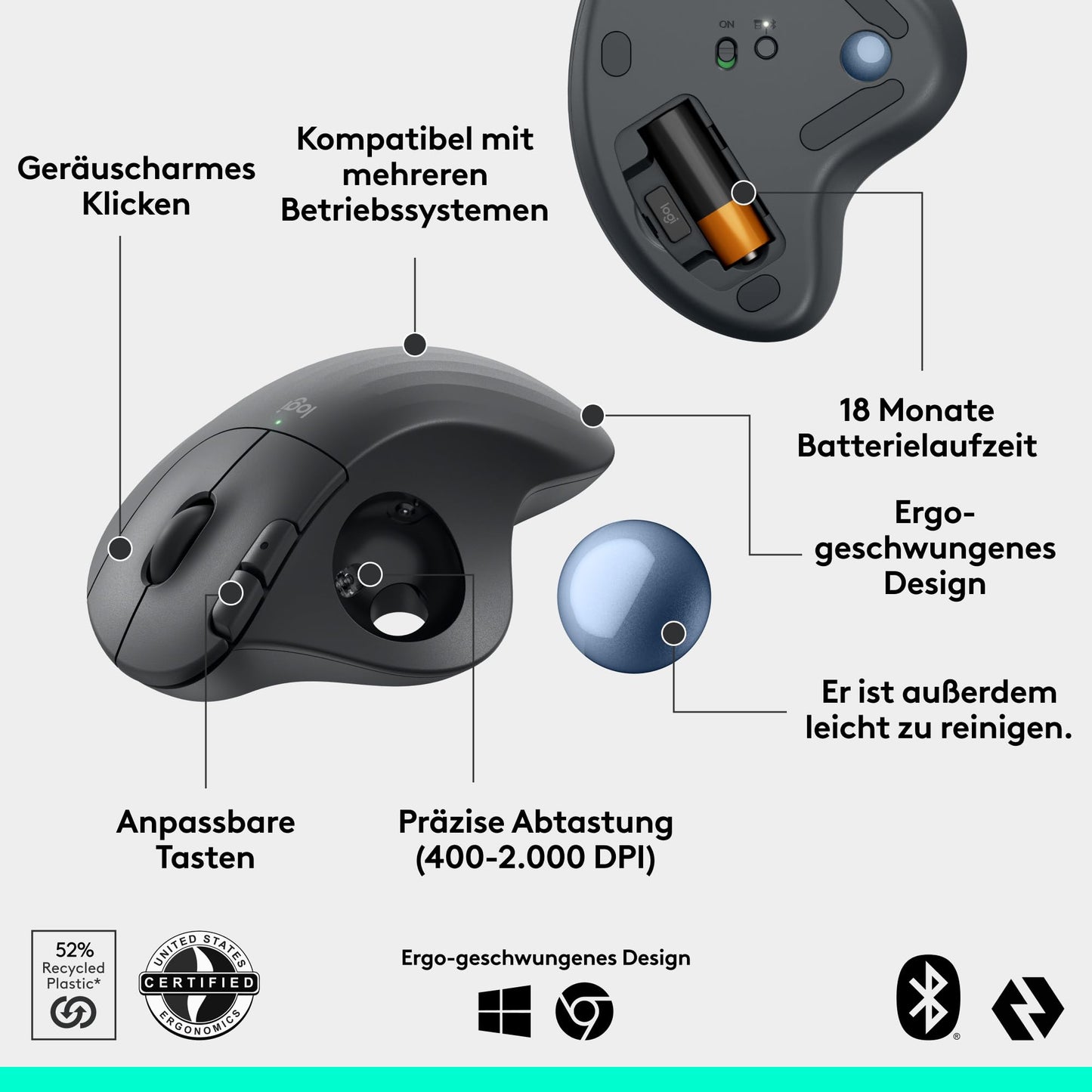 Logitech ERGO M575S wireless trackball mouse, wireless ergonomic mouse with Bluetooth and encrypted dongle, comfortable thumb control, for PC/Mac - Graphite